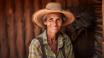Portrait of a farmer woman smiling - obrazy, fototapety, plakaty