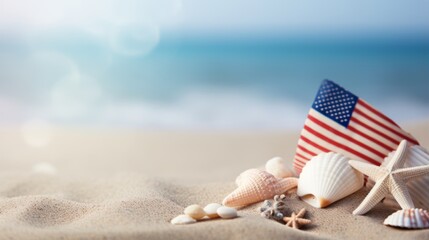 Flag and shells on a sandy beach