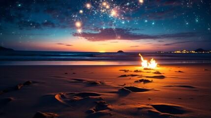 Fire on a beach with a sky full of stars