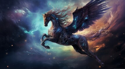 Obraz na płótnie Canvas Celestial Pegasus takes flight beneath a galaxy's embrace