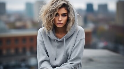 Portrait of a young blonde woman in a gray hoodie - obrazy, fototapety, plakaty