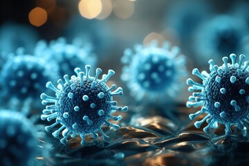 Blue virus particles floating in a dark blue liquid