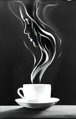 Fresh coffee with steam shaped as girl.cup of coffee on a black background.cup of coffee with smoke.