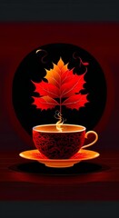 Mug with steam of glowing hearts on dark background.cup of coffee with leaves.