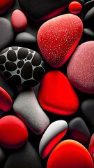heart shaped stones.pebble background close up - red, white and black stones.