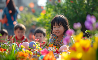 Whimsical Easter setup with egg decorations, bunnies, and spring greenery, ideal for festive, holiday, and creative concepts