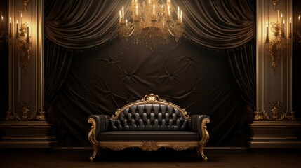 Couch sitting in front of a curtain with a chandelier