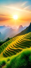 sunrise over the mountains.Golden rice at sunset northern vietnam.