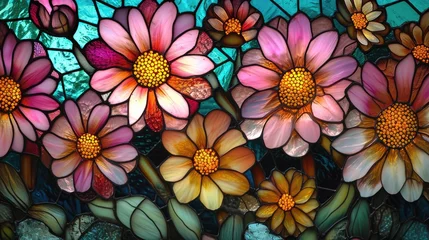 Tuinposter Stained glass window background with colorful Flower and Leaf abstract. © soysuwan123