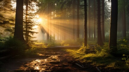 Fototapeta premium Sunlight streaming through trees in a lush forest
