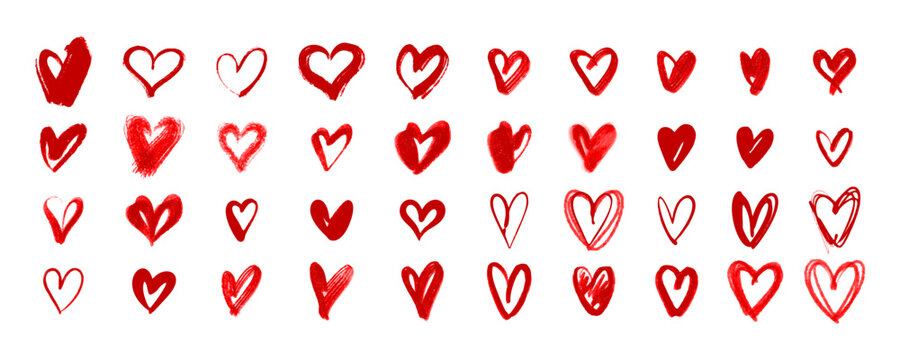 Red hearts. Drawn hearts. Doodle symbols of love. Vector illustration