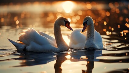 two swans are swimming in the water - obrazy, fototapety, plakaty