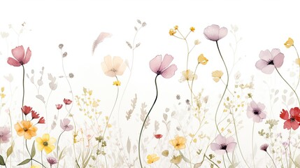 Delicate Hand-Drawn Watercolor Flowers Scattered on Clean White Canvas