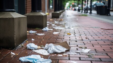 Littered sidewalks with paper and cardboard