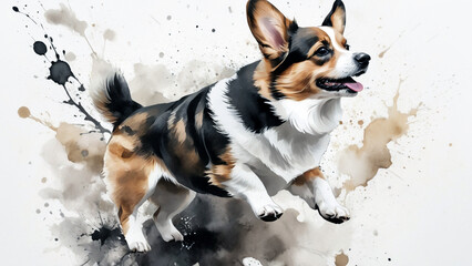 one corgi dog in calligraphy style, splash effects, ink blobs, mostly black and white with some brown, top down view