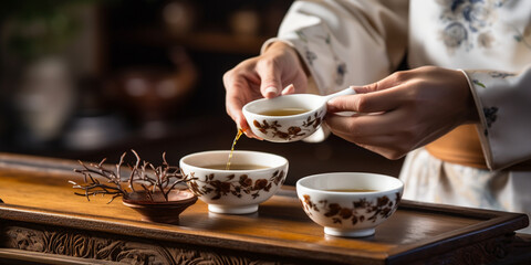 Cropped shot of woman holding traditional teacup with oolong green tiptop view tea set a wooden table for tea ceremony.