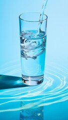 Pouring water into a glass on blue background. Water splash.