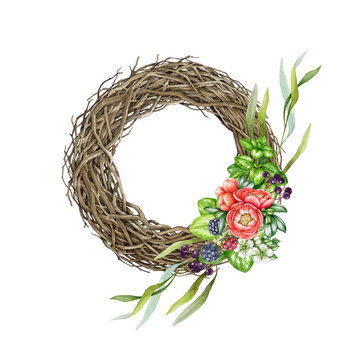 Vine rustic wreath with floral decor. Watercolor illustration. Hand painted branch twisted floral decor. Vintage style vine wreath with lush garden flowers and green leaves. White background