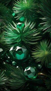 Christmas tree decoration with green baubles and pine needles close up