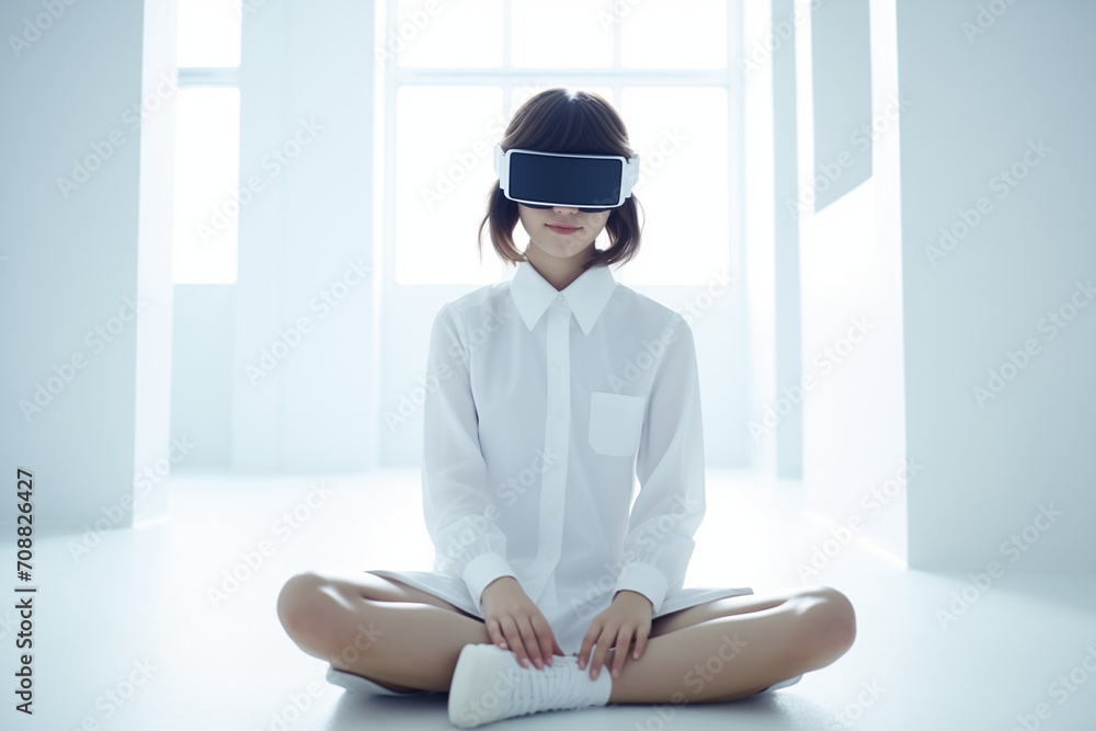 Poster a young woman using vr to learn new things. generative ai.