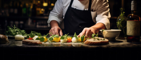 Cooks man serving meal in dishes on restaurant kitchen by AI generate.