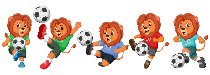 Set of lions cartoon playing football. Vector illustration