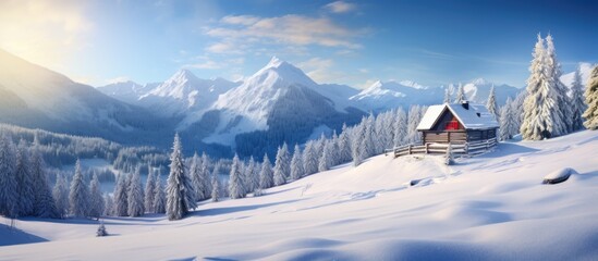 Snowy mountain cabin nestled in a forested meadow, surrounded by evergreen trees. Winter Christmas postcard.