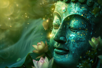 glowing buddha face with crystal lotus, nature green background, heaven light