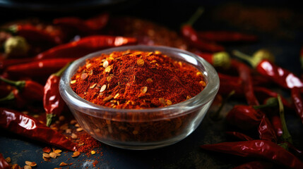 Spicy food seasoning ingredient cooking powder paprika spice red hot pepper chili - obrazy, fototapety, plakaty