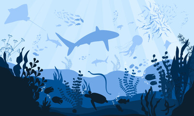Fototapeta premium Flat cartoon vector illustration. fish and wild marine animals in ocean. vector illustration of underwater ocean fauna with coral reef. aquarium life. tropical aquarium with fishes in blue water.