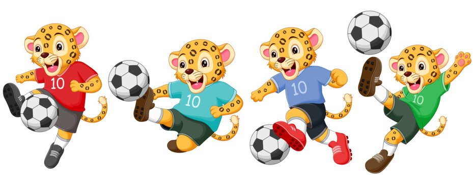 Set of leopard cartoon playing football. Vector illustration