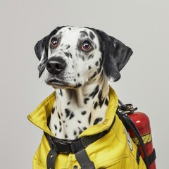 Dalmatian in Gear dog in firefighter gear, spotted coat, intelligent expression, rescue service, grey background.

