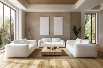 Fototapeta na wymiar Modern Interior Design: White Sofas in a Scandinavian-inspired Living Room Space with Plants. Generative AI