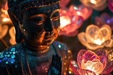 glowing buddha with crystal lotus, heaven light