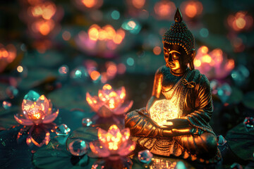 glowing buddha with crystal lotus, heaven light