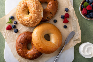 Variety of bagels freshly baked for breakfast