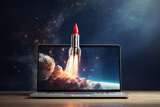 Unleash creativity with a rocket emerging from a laptop screen. Captivate audiences with this dynamic image symbolizing innovation and digital breakthroughs.