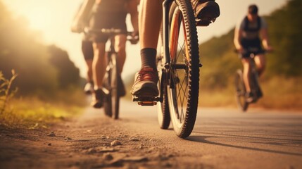 Naklejka premium Cycling exercising in the morning in groups, Bike and enjoying workout in a park, freedom and energy.