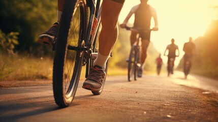 Fototapeta premium Cycling exercising in the morning in groups, Bike and enjoying workout in a park, freedom and energy.