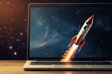 Unleash creativity with a rocket emerging from a laptop screen. Captivate audiences with this dynamic image symbolizing innovation and digital breakthroughs.