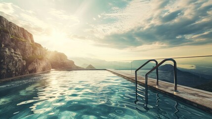 Obraz premium Serenity at Sea's Edge panoramic infinity leisure, clear sky luxury, oceanfront pool tranquility