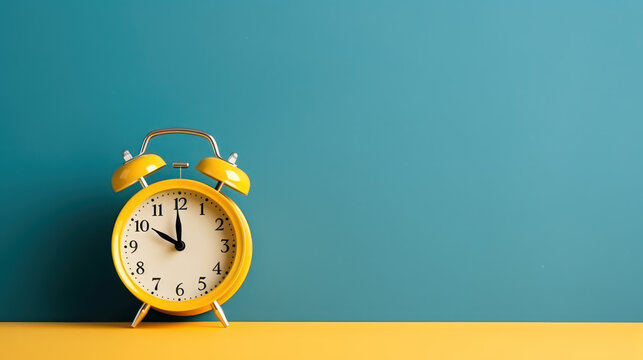 Yellow alarm clock on a table on a green wall background with copy space, showing 10.00 AM