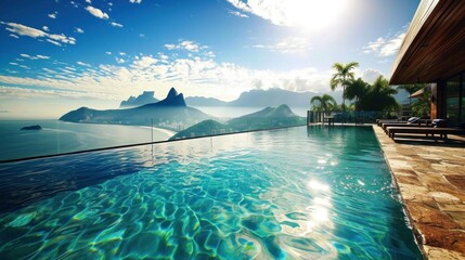 Ocean Horizon Leisure Pool infinity pool paradise, luxury summer resort, tranquil seascape view - obrazy, fototapety, plakaty