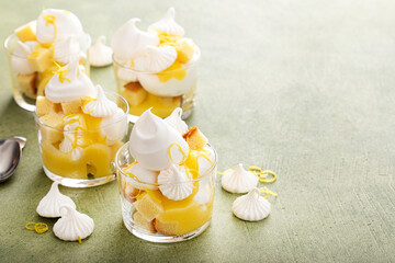Lemon meringue parfait or trifle with pound cake and lemon curd