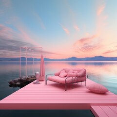 pink surreal lake landscape with sofa