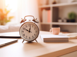 Clock on work deadline time business concept, selective focus clock on wooden table with coffee cup with soft sunlight