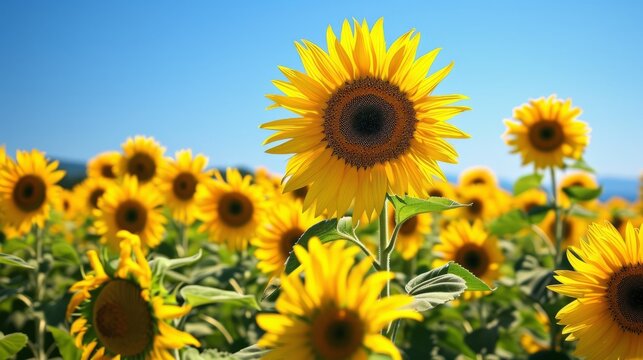 Bright Sunflower Field with Clear Blue Sky Depicting Summer and Agricultural Beauty