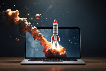 Unleash creativity with a rocket emerging from a laptop screen. Captivate audiences with this dynamic image symbolizing innovation and digital breakthroughs.