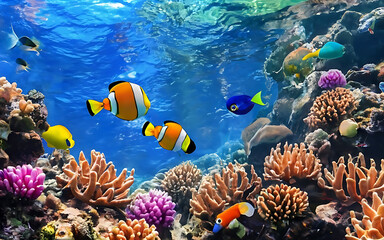 Naklejka na ściany i meble Underwater coral reef and fish, Generative AI