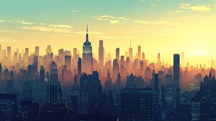 Comic book style depiction of a city in early morning light, urban awakening scene